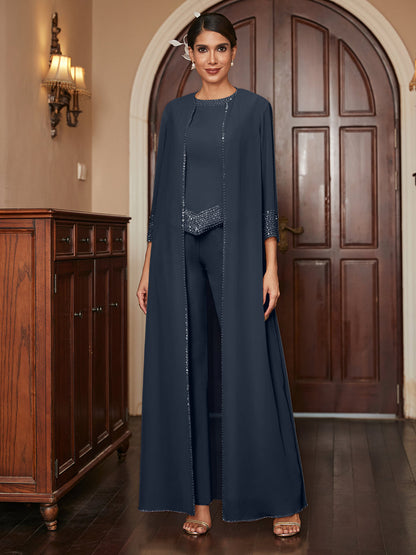 Ensemble 3 Pièces En Mousseline de Soie à Manches 3/4 avec Paillettes et Veste