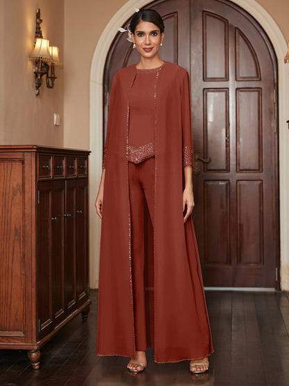 Ensemble 3 Pièces En Mousseline de Soie à Manches 3/4 avec Paillettes et Veste