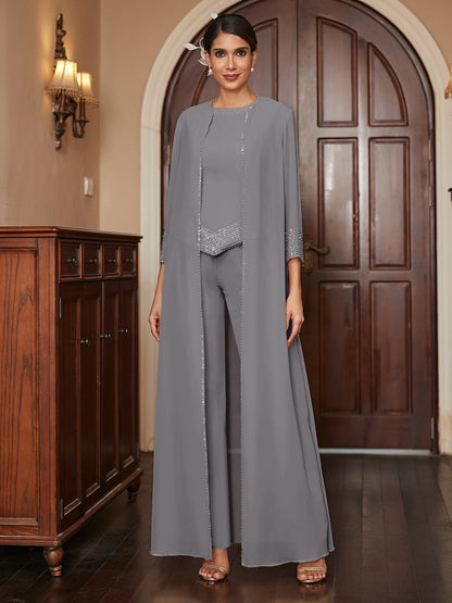 Ensemble 3 Pièces En Mousseline de Soie à Manches 3/4 avec Paillettes et Veste