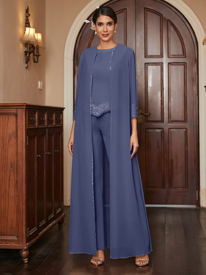 Ensemble 3 Pièces En Mousseline de Soie à Manches 3/4 avec Paillettes et Veste