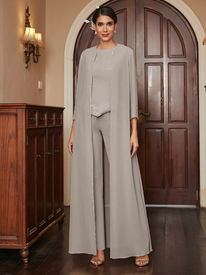 Ensemble 3 Pièces En Mousseline de Soie à Manches 3/4 avec Paillettes et Veste