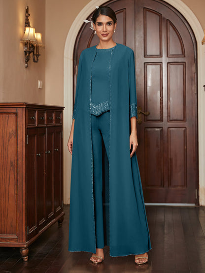 Ensemble 3 Pièces En Mousseline de Soie à Manches 3/4 avec Paillettes et Veste