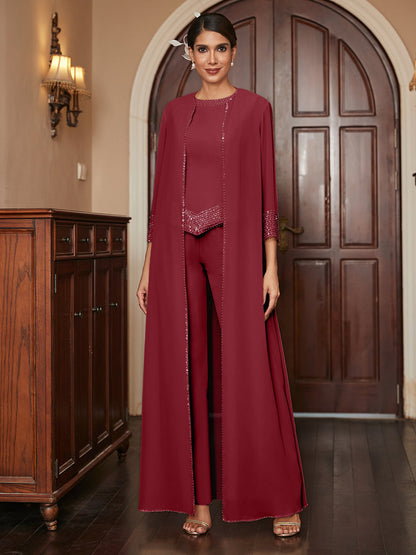 Ensemble 3 Pièces En Mousseline de Soie à Manches 3/4 avec Paillettes et Veste