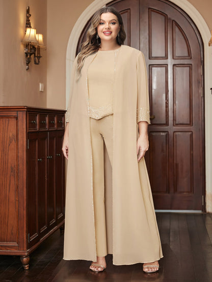 Ensemble 3 Pièces Grande Taille en Mousseline de Soie, Manches 3/4 avec Paillettes et Veste