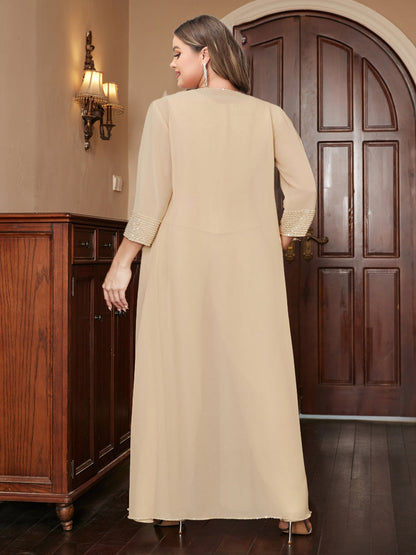Ensemble 3 Pièces Grande Taille en Mousseline de Soie, Manches 3/4 avec Paillettes et Veste