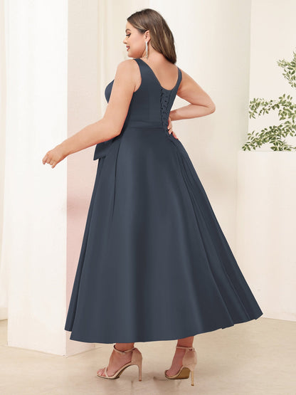 Robe de Soirée Longue Grande Taille, Coupe Trapèze/Princesse, Col en V, Sans Manches avec Nœud Papillon