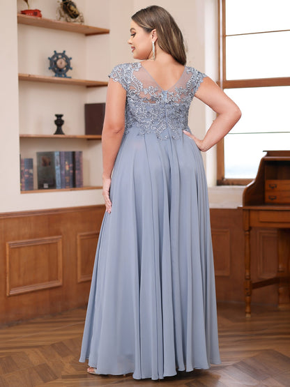 Robe de Mère de la Mariée Grande Taille, Coupe Trapèze/Princesse, Manches Courtes, en Mousseline avec Appliques