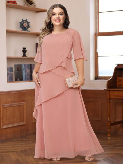 Robes de Mère de la Mariée Grande Taille, Coupe A-Line/Princesse, Décolleté Plongeant, Manches Courtes, en Mousseline à Volants