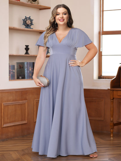 Robe Mère de la Mariée Grande Taille, Coupe Trapèze/Princesse, Col en V, Manches Courtes, Froncée