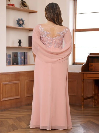 Robe de Mère de la Mariée Grande Taille, Coupe Trapèze/Princesse, Décolleté Illusion, Froncée avec Cape