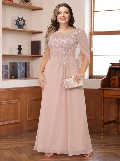 Robe de Mère de la Mariée Grande Taille, Coupe Trapèze/Princesse, Décolleté Illusion, Froncée avec Cape