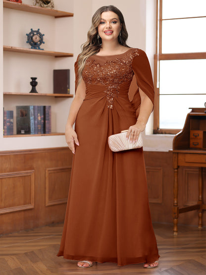 Robe de Mère de la Mariée Grande Taille, Coupe Trapèze/Princesse, Décolleté Illusion, Froncée avec Cape