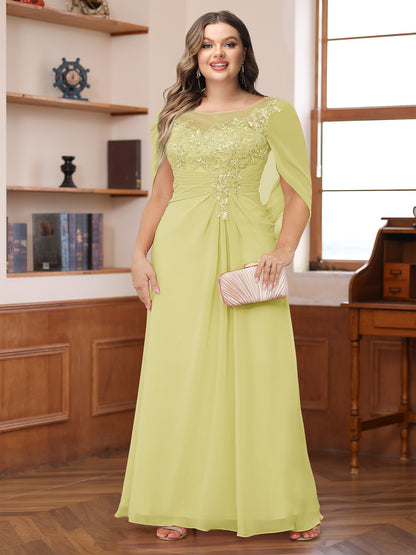 Robe de Mère de la Mariée Grande Taille, Coupe Trapèze/Princesse, Décolleté Illusion, Froncée avec Cape
