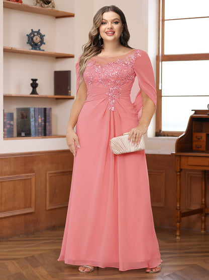 Robe de Mère de la Mariée Grande Taille, Coupe Trapèze/Princesse, Décolleté Illusion, Froncée avec Cape