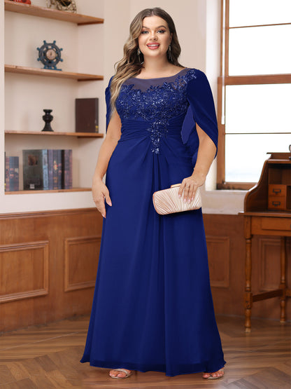Robe de Mère de la Mariée Grande Taille, Coupe Trapèze/Princesse, Décolleté Illusion, Froncée avec Cape