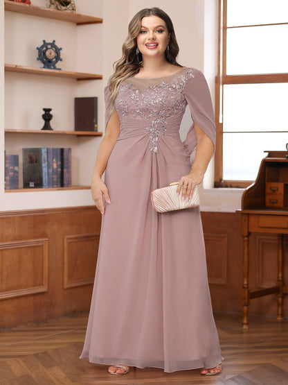 Robe de Mère de la Mariée Grande Taille, Coupe Trapèze/Princesse, Décolleté Illusion, Froncée avec Cape