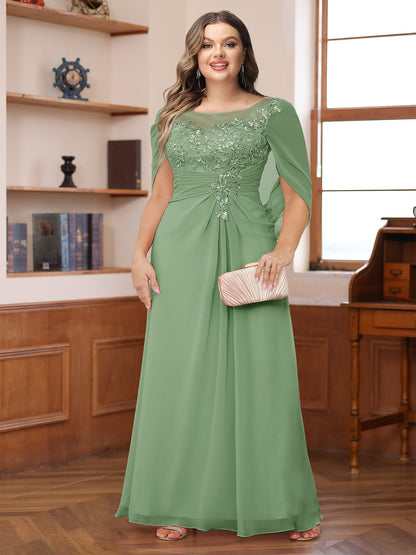 Robe de Mère de la Mariée Grande Taille, Coupe Trapèze/Princesse, Décolleté Illusion, Froncée avec Cape