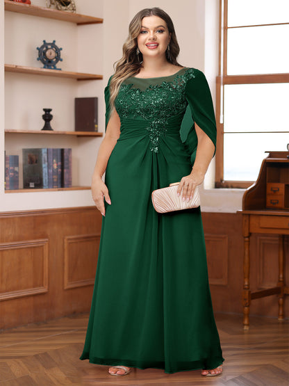Robe de Mère de la Mariée Grande Taille, Coupe Trapèze/Princesse, Décolleté Illusion, Froncée avec Cape