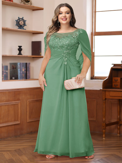 Robe de Mère de la Mariée Grande Taille, Coupe Trapèze/Princesse, Décolleté Illusion, Froncée avec Cape