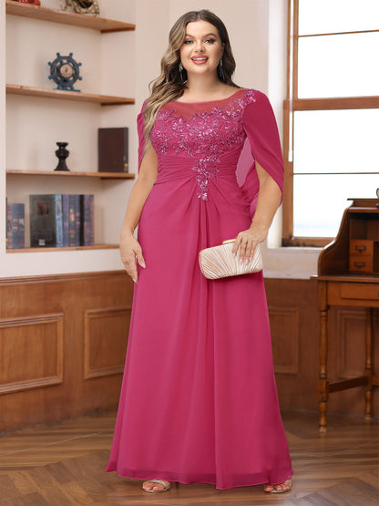 Robe de Mère de la Mariée Grande Taille, Coupe Trapèze/Princesse, Décolleté Illusion, Froncée avec Cape