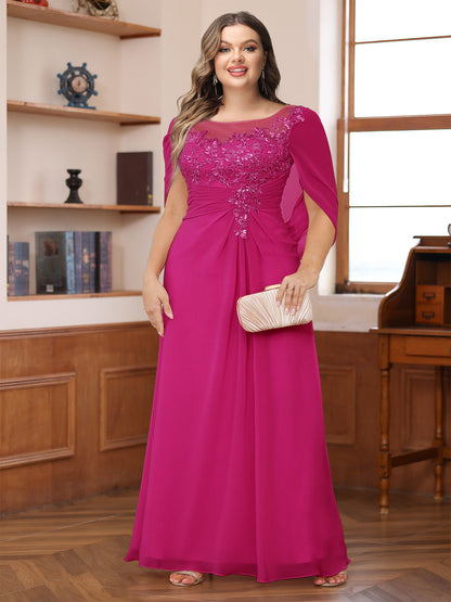 Robe de Mère de la Mariée Grande Taille, Coupe Trapèze/Princesse, Décolleté Illusion, Froncée avec Cape