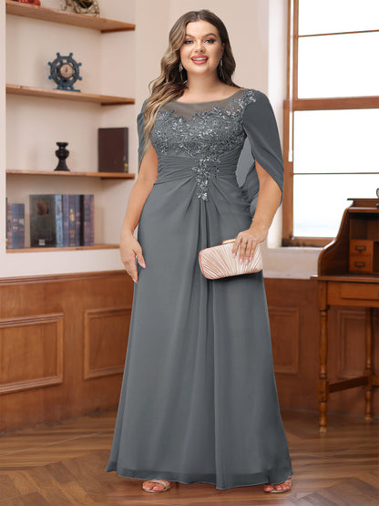 Robe de Mère de la Mariée Grande Taille, Coupe Trapèze/Princesse, Décolleté Illusion, Froncée avec Cape