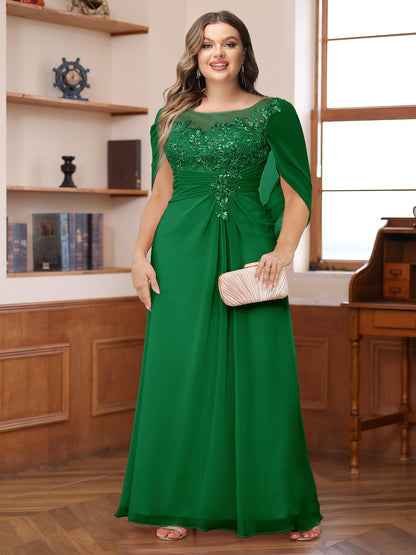 Robe de Mère de la Mariée Grande Taille, Coupe Trapèze/Princesse, Décolleté Illusion, Froncée avec Cape