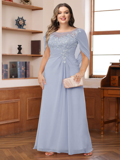 Robe de Mère de la Mariée Grande Taille, Coupe Trapèze/Princesse, Décolleté Illusion, Froncée avec Cape