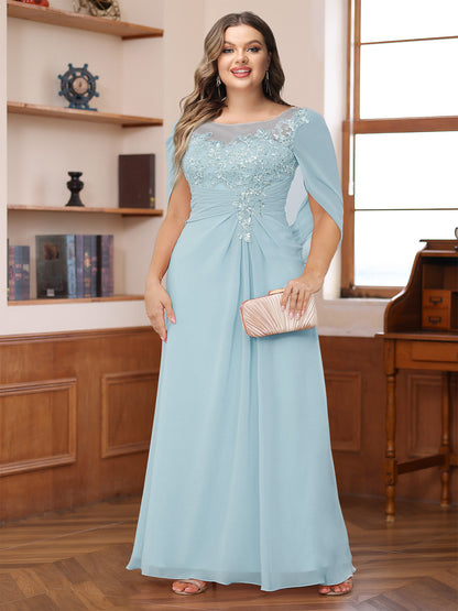 Robe de Mère de la Mariée Grande Taille, Coupe Trapèze/Princesse, Décolleté Illusion, Froncée avec Cape