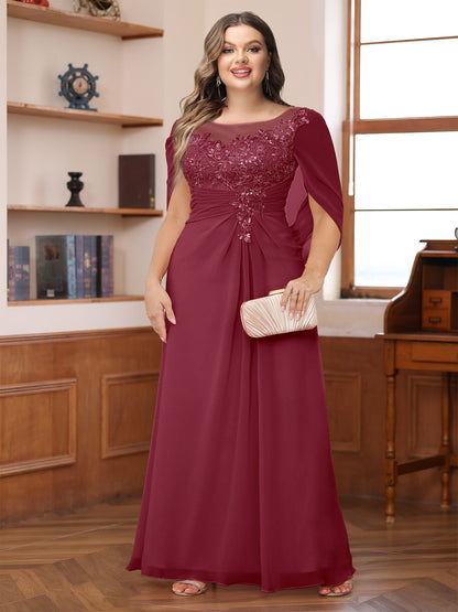 Robe de Mère de la Mariée Grande Taille, Coupe Trapèze/Princesse, Décolleté Illusion, Froncée avec Cape
