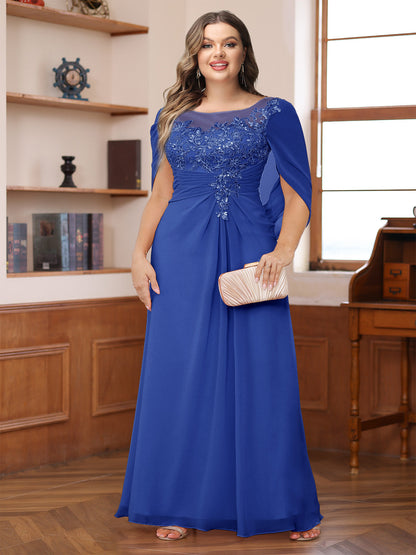 Robe de Mère de la Mariée Grande Taille, Coupe Trapèze/Princesse, Décolleté Illusion, Froncée avec Cape