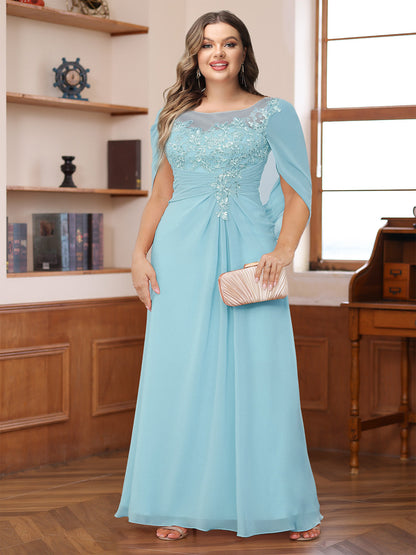 Robe de Mère de la Mariée Grande Taille, Coupe Trapèze/Princesse, Décolleté Illusion, Froncée avec Cape