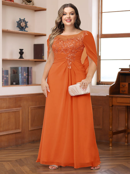 Robe de Mère de la Mariée Grande Taille, Coupe Trapèze/Princesse, Décolleté Illusion, Froncée avec Cape
