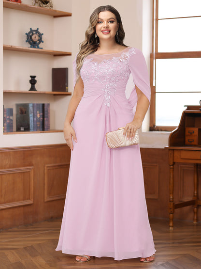 Robe de Mère de la Mariée Grande Taille, Coupe Trapèze/Princesse, Décolleté Illusion, Froncée avec Cape