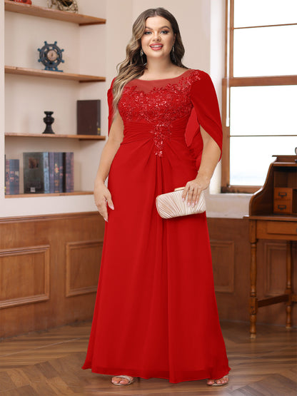 Robe de Mère de la Mariée Grande Taille, Coupe Trapèze/Princesse, Décolleté Illusion, Froncée avec Cape