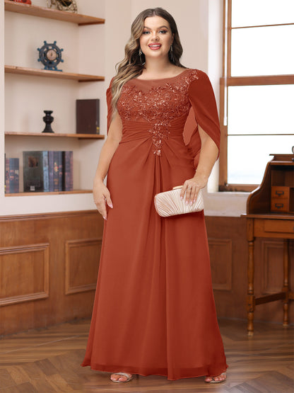 Robe de Mère de la Mariée Grande Taille, Coupe Trapèze/Princesse, Décolleté Illusion, Froncée avec Cape