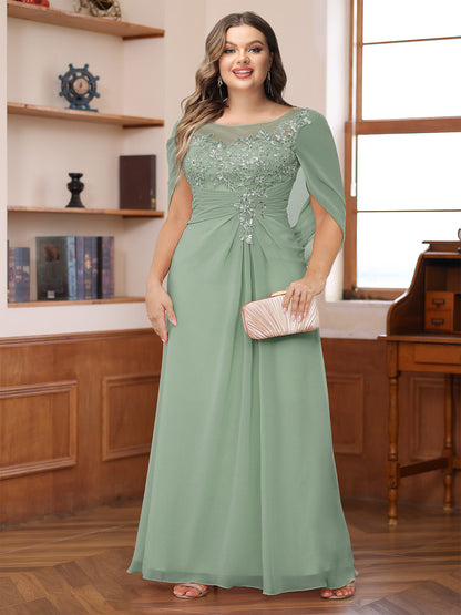 Robe de Mère de la Mariée Grande Taille, Coupe Trapèze/Princesse, Décolleté Illusion, Froncée avec Cape