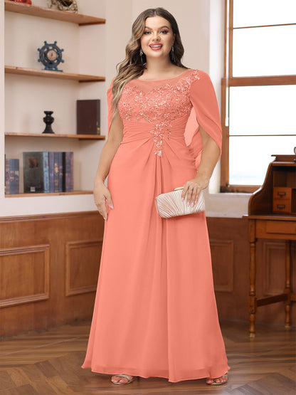 Robe de Mère de la Mariée Grande Taille, Coupe Trapèze/Princesse, Décolleté Illusion, Froncée avec Cape