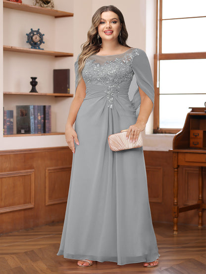 Robe de Mère de la Mariée Grande Taille, Coupe Trapèze/Princesse, Décolleté Illusion, Froncée avec Cape