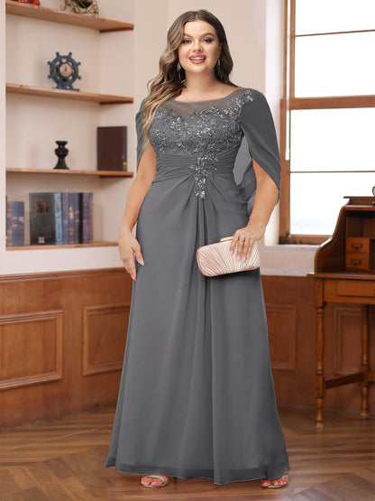 Robe de Mère de la Mariée Grande Taille, Coupe Trapèze/Princesse, Décolleté Illusion, Froncée avec Cape