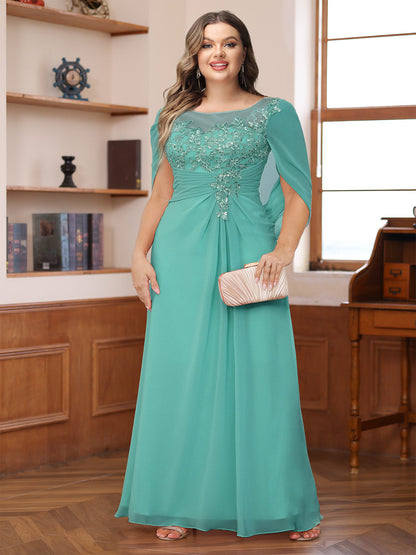 Robe de Mère de la Mariée Grande Taille, Coupe Trapèze/Princesse, Décolleté Illusion, Froncée avec Cape