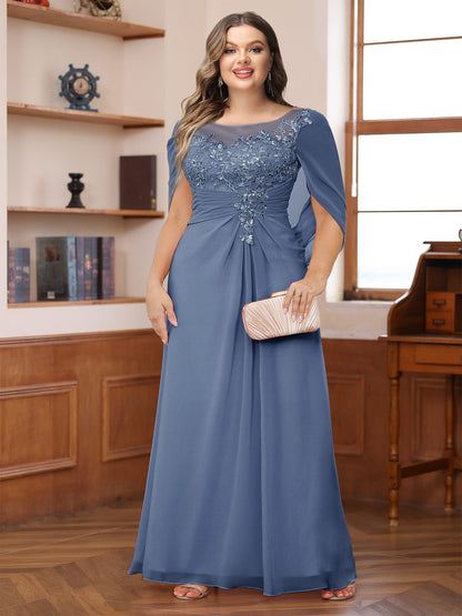 Robe de Mère de la Mariée Grande Taille, Coupe Trapèze/Princesse, Décolleté Illusion, Froncée avec Cape