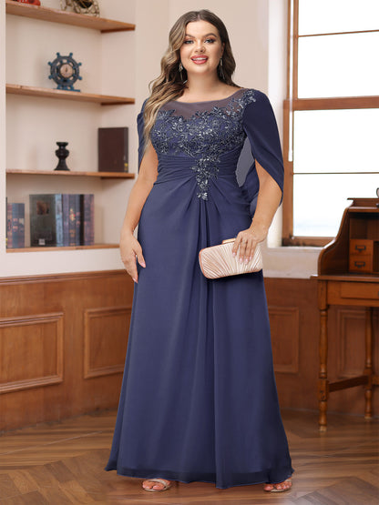 Robe de Mère de la Mariée Grande Taille, Coupe Trapèze/Princesse, Décolleté Illusion, Froncée avec Cape