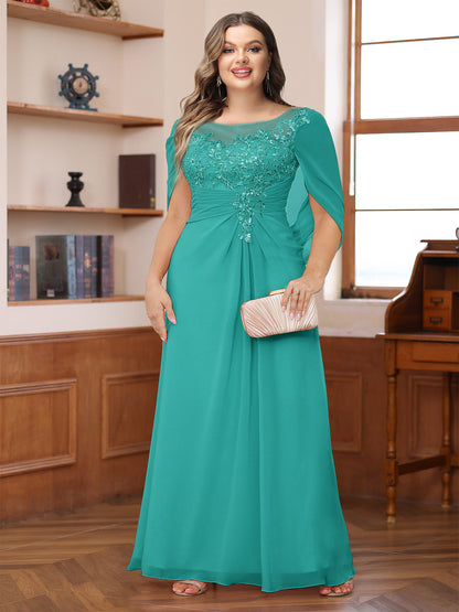 Robe de Mère de la Mariée Grande Taille, Coupe Trapèze/Princesse, Décolleté Illusion, Froncée avec Cape