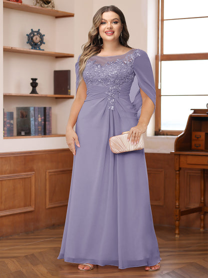 Robe de Mère de la Mariée Grande Taille, Coupe Trapèze/Princesse, Décolleté Illusion, Froncée avec Cape