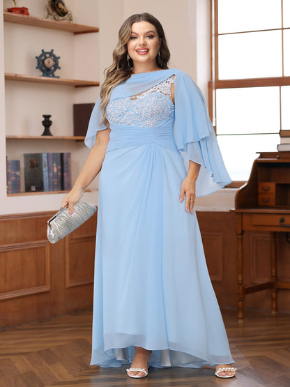 Robe de Mère de la Mariée Grande Taille, Coupe Trapèze/Princesse, Col en V, Appliques, Froncée avec Cape