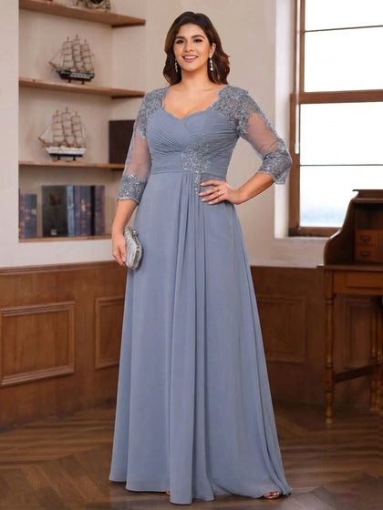 Ligne A/Princesse Cou Chérie 3/4 Manches La Longueur du Sol Robes Mère de la Mariée Grande Taille avec Froufrous & Appliques