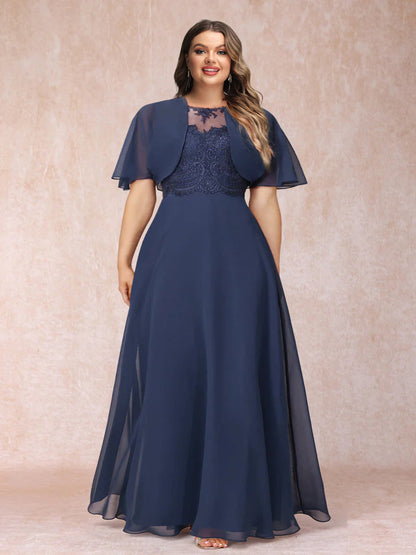 Robe de Mère de la Mariée Grande Taille Longue en Mousseline de Soie, Coupe Trapèze avec Veste et Appliqués