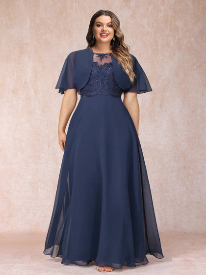Robe de Mère de la Mariée Grande Taille Longue en Mousseline de Soie, Coupe Trapèze avec Veste et Appliqués