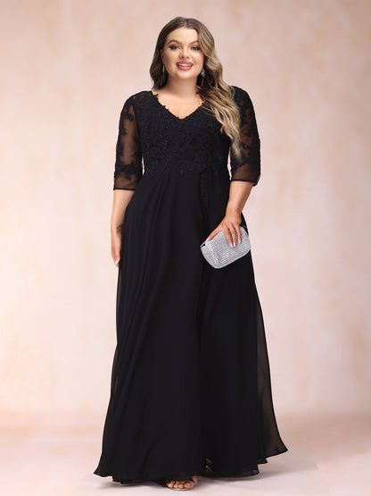 Robe de Soirée Longue Trapèze/Princesse, Col en V, Manches 3/4, Grande Taille avec Perles et Appliques